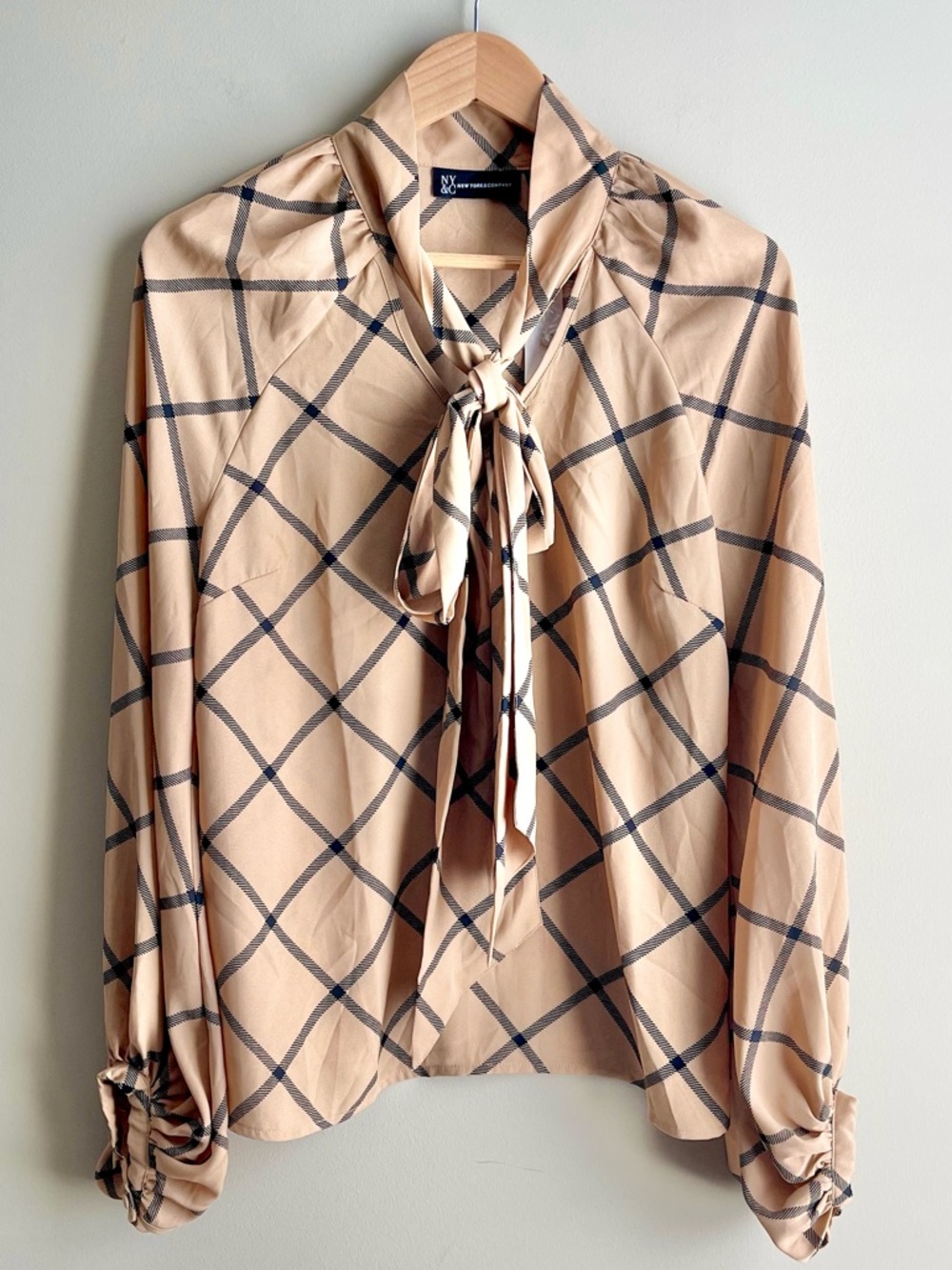 NY& Co Camel Beige and Black Windowpane Tie-Neck Blouse